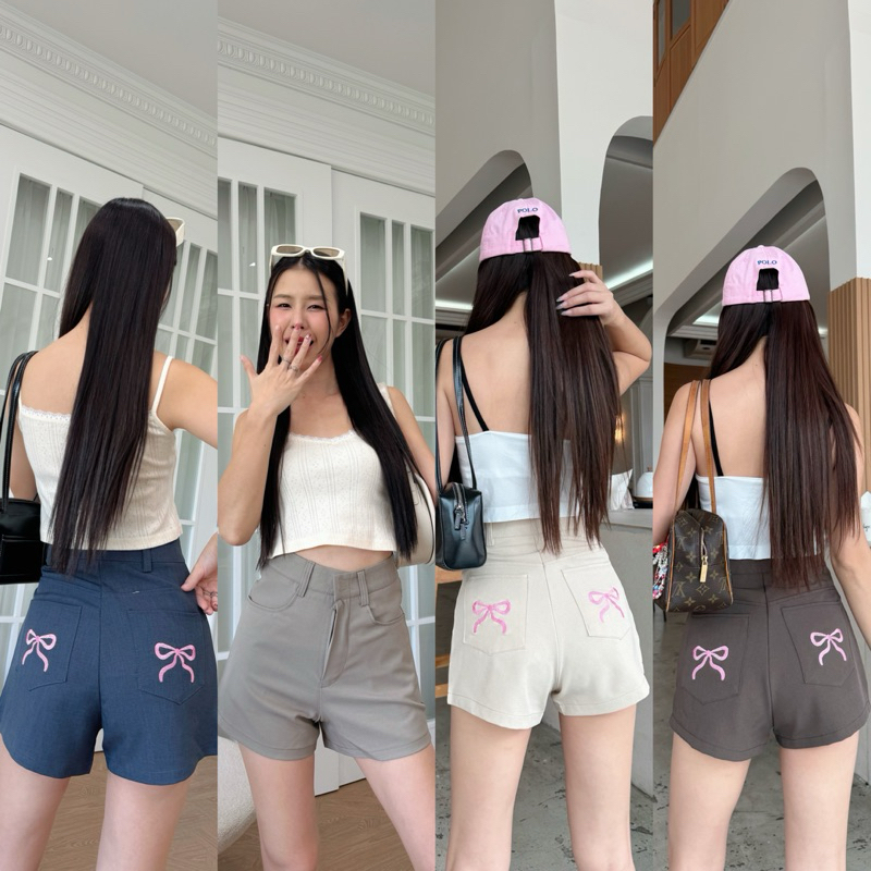 พร้อมส่ง ขาสั้นปักกระเป๋าลังโบว์ ผ้าออดี้ เนื้อผ้่าหนานุ่นใส่สบาย🎀🌈✨