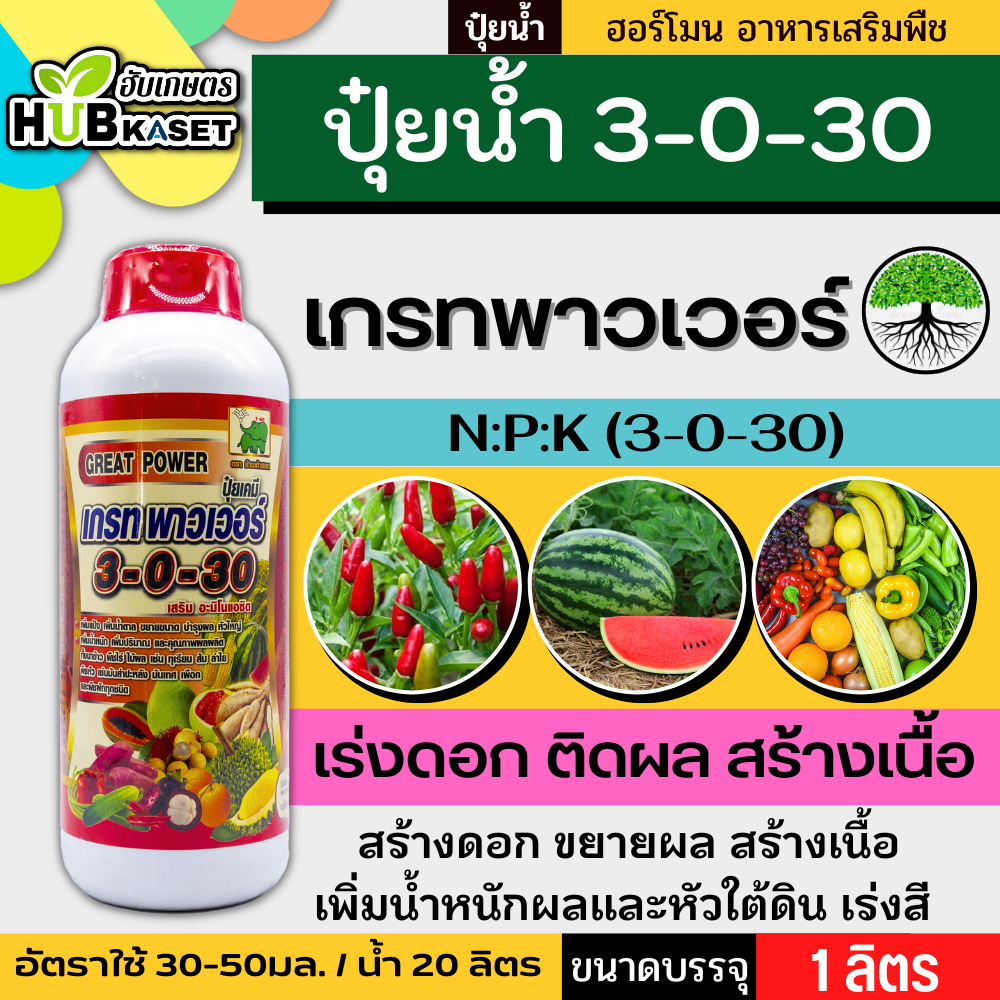 (ส่งฟรี) เกรทพาวเวอร์ ช้างเก้ายอด 1ลิตร (3-0-30) ปุ๋ยน้ำNPKเต็มสูตร+ อะมิโนแอซิด เร่งหวาน เร่งสี เร่งหัว