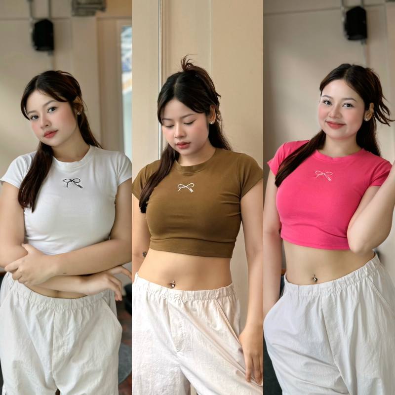 ครอปคอกลมแขนสั้น สาวอวบ ยืดได้ถึง 50+ ปักโลโก้ สาวอวบอ้วน ใส่ได้ ผ้ายูนิยืดเยอะ แมตช์ง่าย รุ่น ครอปแอลลี่