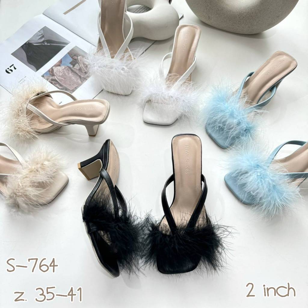 รุ่น S-764 รองเท้าส้นสูงผู้หญิงแฟชั่น ส้นเข็ม สูง 2 นิ้ว สายคาดขนฟู ฟรุ้งฟริ้งน่ารัก สดใสน่ารัก NIWA SHOES