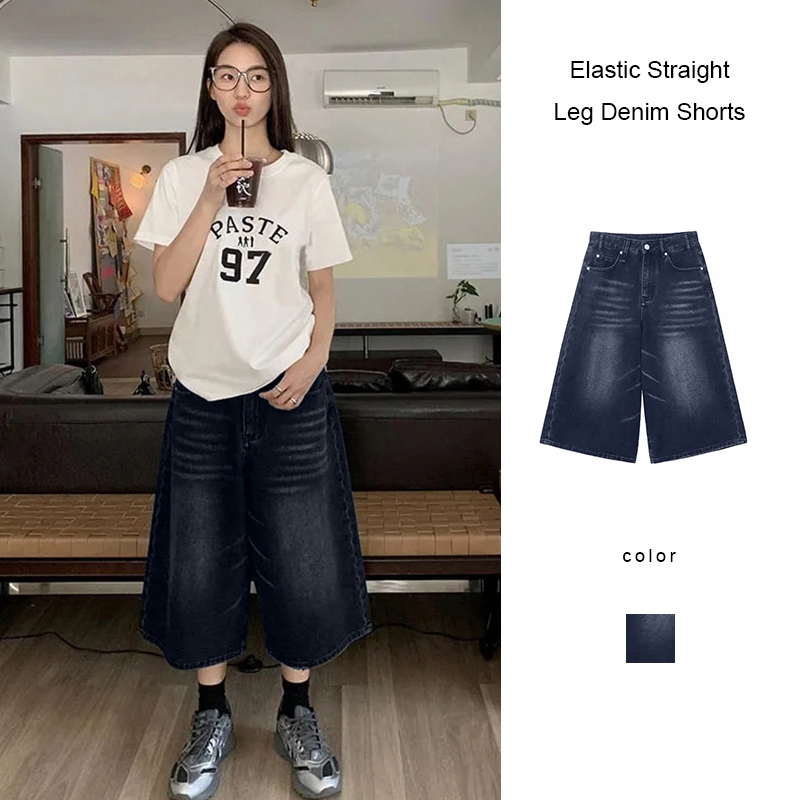 กางเกงขาสั้นผ้ายีนส์ขาตรงยืดหยุ่นผู้หญิง Retro หลวม Cropped กางเกงขาสั้นผ้ายีนส์กางเกงขาสั้นขากว้าง BB