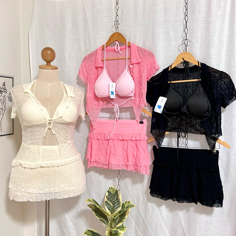 เซ็ตชุดว่ายน้ำ 3ชิ้น บิกินี่ผูกคล้องคอ+ครอปแขนสั้น+กระโปรงผ้าย่น สาวอวบใส่ได่