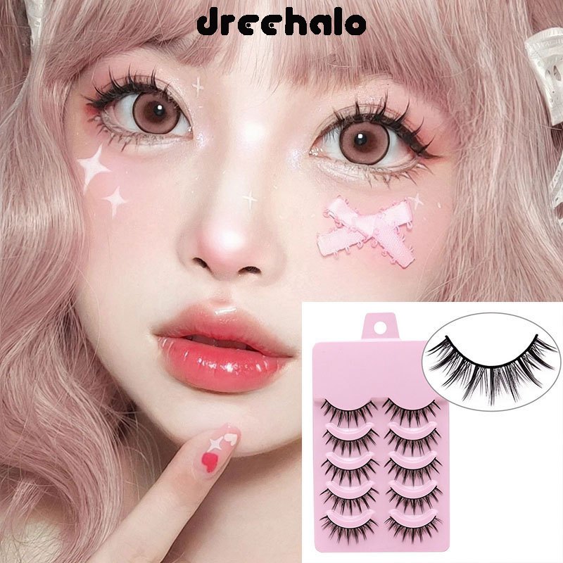 Dreehalo ขนตาปลอม 5 คู่/กล่อง ขนตาปลอมนุ่ม + มาสคาร่า + ชุดเครื่องมือ 4 ชิ้น แต่งหน้า COS แบบธรรมชาติ