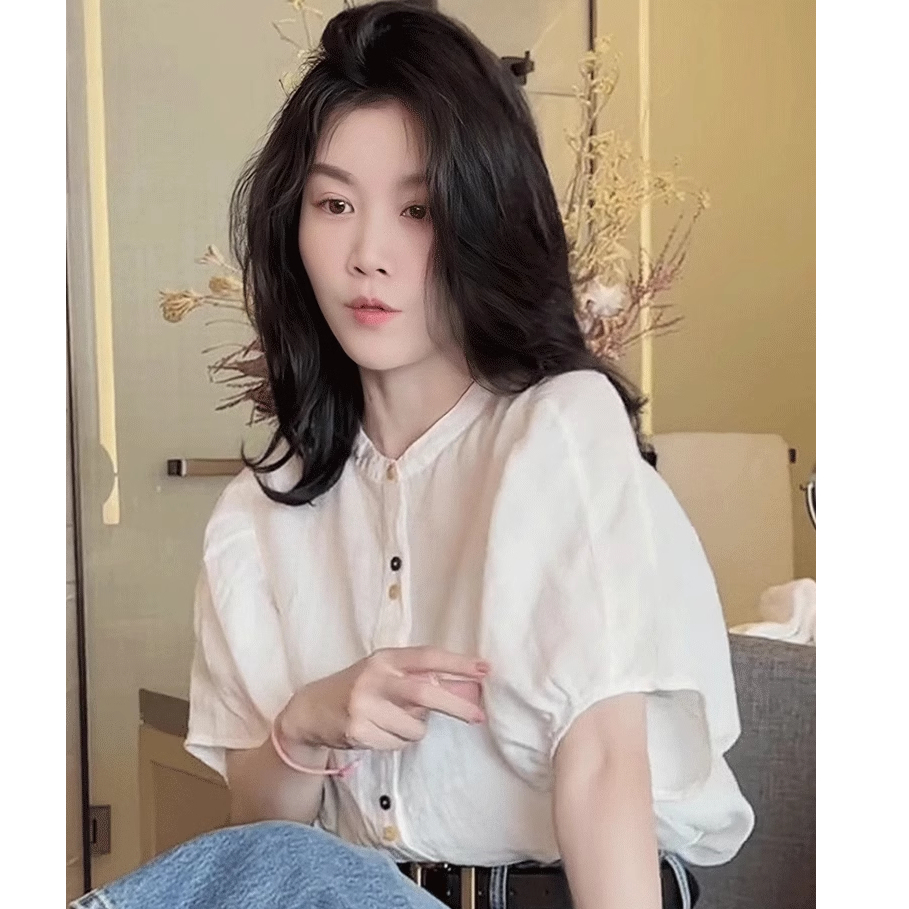 เสื้อเชิ้ด รุ่น PBB5066 แขนพองสไตล์เกาหลี คอปกสีขาว แขนสั้น กระดุมหน้า ฟรีไซส์ อก46  ผ้าใส่สบาย - รูปที่ 3