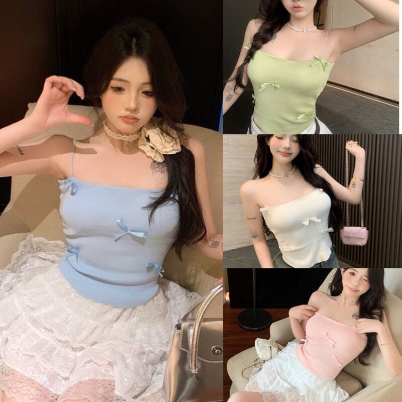 Elly พร้อมส่ง เสื้อสายเดี่ยวไหมพรมผู้หญิง แถมฟองน้ำด้วย เสื้อครอป ดีเทลติดโบว์น่ารักมากเข้ารูป แมทส์ง่าย สไตล์เวียดนาม