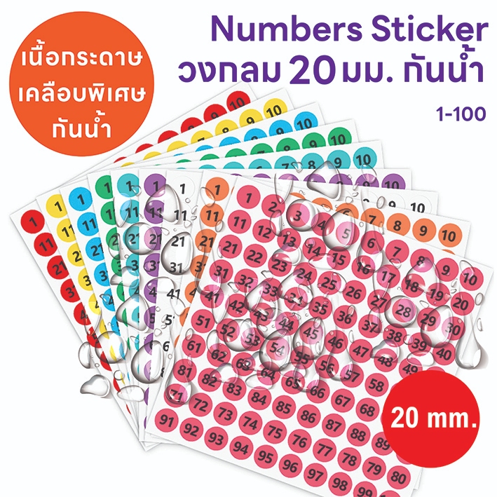 สติ๊กเกอร์ กระดาษเคลือบพิเศษ ตัวเลข 1-100  ขนาดวงกลม 20 มม. กันน้ำ 100% ทนความเย็น ทนแดด มี 9 โทนสี