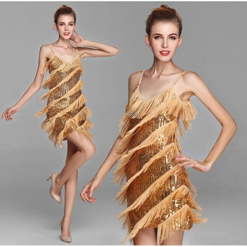 เดรสพู่สายเดี่ยวปักเลื่อมสีทอง เดรสปาร์ตี้แกสบี้ฟรุ้งฟริ้ง (สินค้าในไทย🇨🇷)