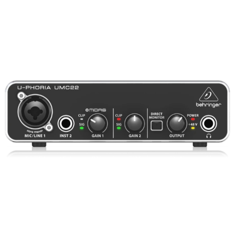 Behringer U-PHORIA UMC22 ออดิโอไฟล์ USB ออดิโออินเตอร์เฟซ 2x2 ไมค์พรีแอมป์ MIDAS อุปกรณ์บันทึกเสียง 