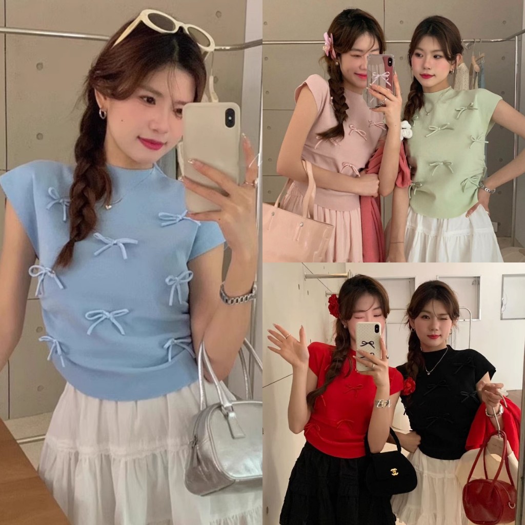 เสื้อยืดเเขนสั้น เสื้อครอปคอเต่า ประดับโบว์ ยืดได้ ยืดด้านข้าง หวานน่ารัก #152229