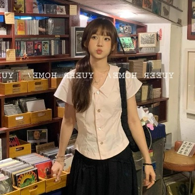 เสื้อเชิ้ตแขนสั้นน่ารักมาก CTB210 คอปก กระดุมหน้า สไตล์สาวเกาหลี อกฟรีไซส์ 36 สีชมพู