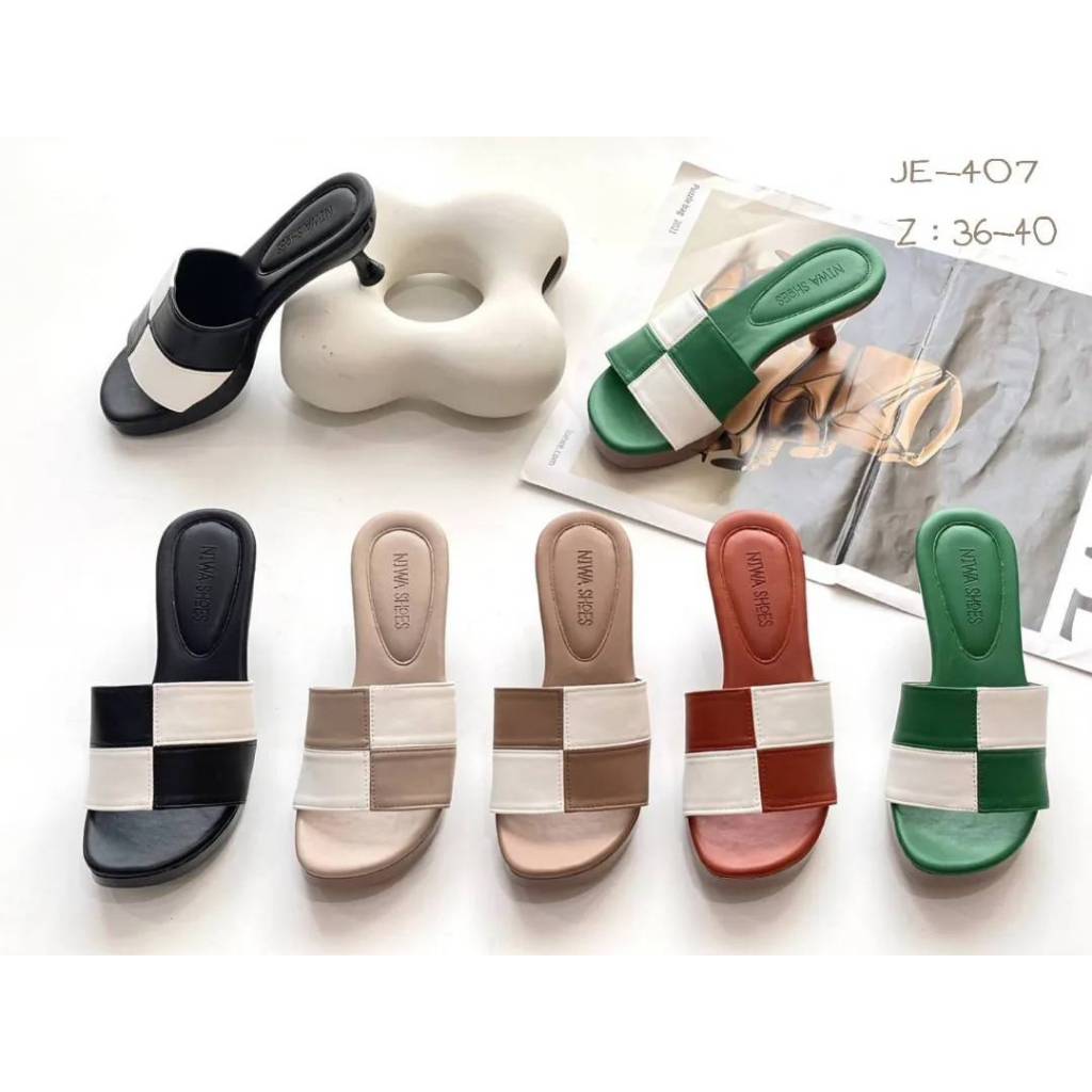 NIWA SHOES รองเท้าแฟชั่น รองเท้าส้นสูง หน้าตารางหมากฮอส ส้นเกี๊ยะใส่สบายมาก รหัสสินค้า JE-407