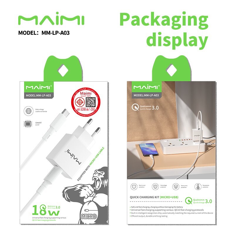 ชุดชาร์จMaimi รุ่นLP-A03 (กล่องขาว)มี มอก.ชาร์จเร็ว(18W) Quick charge 3.0(18W) for Micro / type-c (มอก.62368 เล่ม1-2563)