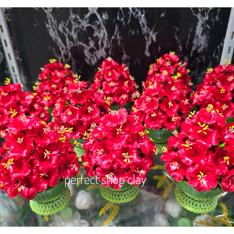 พานพุ่มดอกชบาแดงดินไทยประดิษฐ์ สูง5.5นิ้ว ราคาพานละ399฿