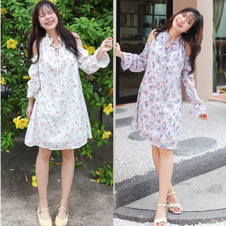 พร้อมส่ง1-2 วัน floral dress เดรสสั้นลายดอกไม้ ใส่ไปคาเฟ่ ทะเล ใส่คลุมท้อง เนื้อผ้าพริ้ว