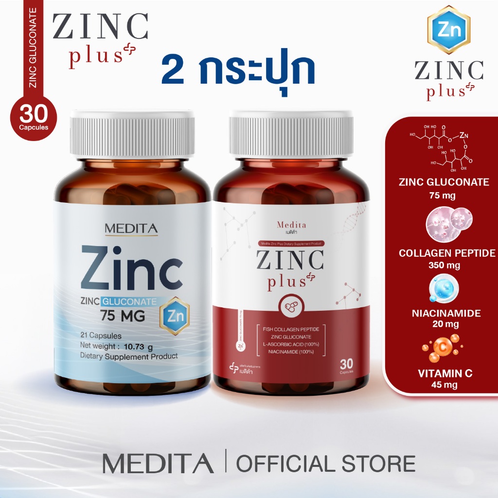 [ 2 กระปุก ] MEDITA​ ZINC​ GLUCONATE 75​ mg​ 1 กระปุก + สูตรใหม่ MEDITA ZINC PLUS เมดิต้า ซิงค์ พลัส