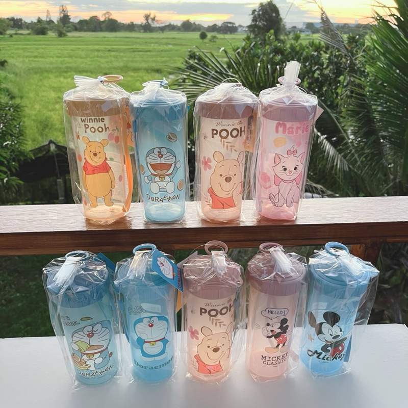 กระบอกน้ำฝาหมุนมีสายคล้องมือลายการ์ตูนขนาด450ml.