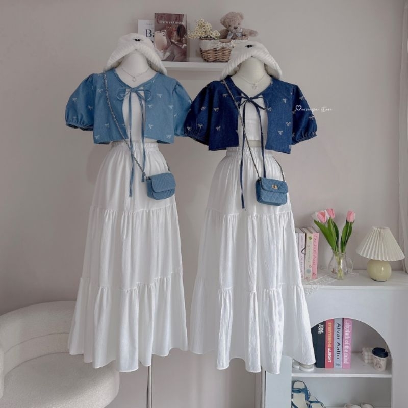 🦋🤍☁️ชุดเซต เสื้อคลุมยีนส์ปัก โบว์ - หัวใจ+ กระโปรงยาว น่ารัก