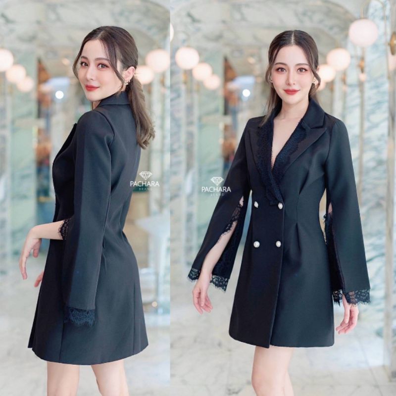 เดรสสูทคอปกแขนยาวสีดำ ช่วงคอแต่งลูกไม้สวยมาก(00592DA)