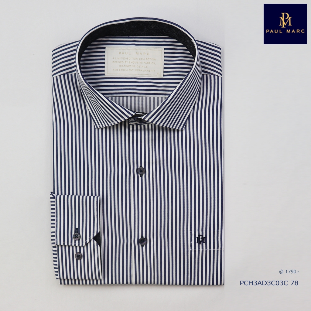 PAUL MARC เสื้อเชิ้ตลายริ้วสีน้ำเงินสลับขาว slim fit ผ้านุ่ม ปกกาง cutaway สไตล์อังกฤษ PCH3AD3C03C