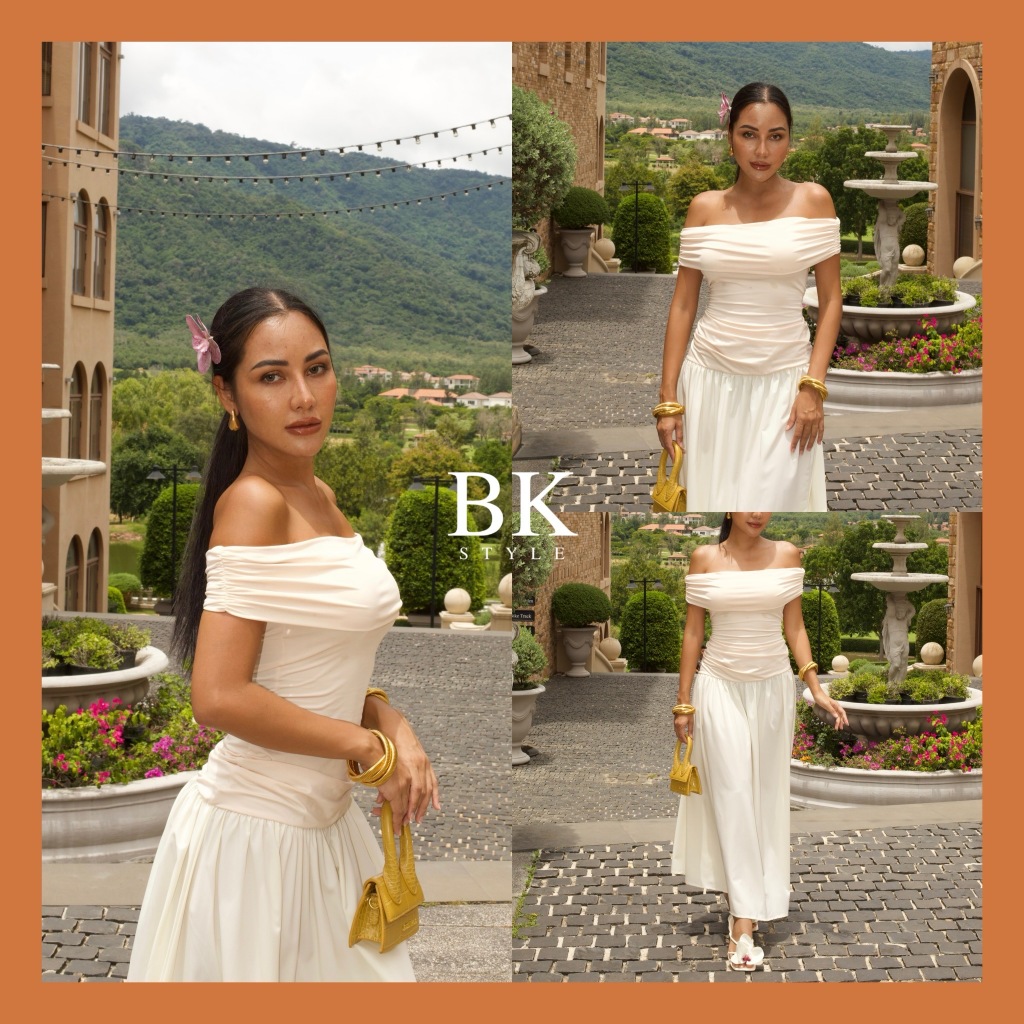 BK STYLE รุ่น Kate เดรสยาวปาดไหล่สีครีม เดรสสายฝอ