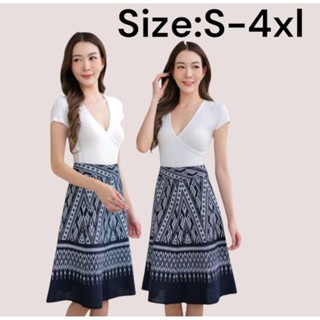 กระโปรงลายไทยทรงเอ8ชิ้นซิปข้าง #ยาว23นิ้ว ผ้าฝ้ายพิมลาย S-4x…