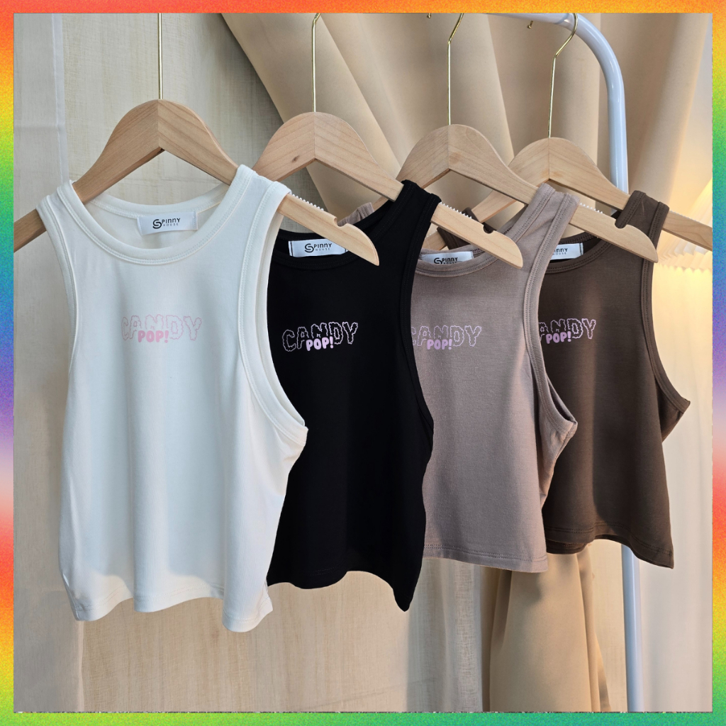 MesubShop เสื้อครอปกล้าม ผ้าเรย่อน สกรีนลาย ใส่แล้วกระชับ พรางหุ่น สาวอวบก็ใส่ได้น้า พร้อมส่งจ้า รุ่น กล้ามCandypop