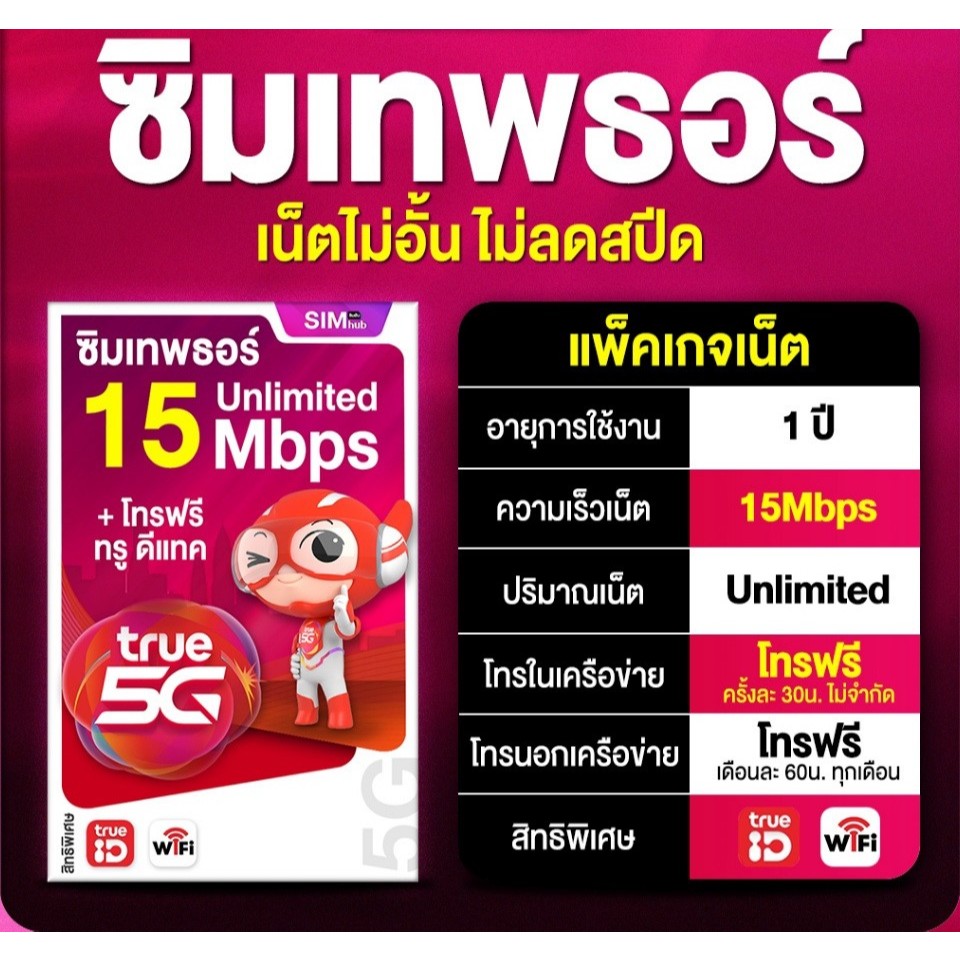 ซิม Sim Thor ซิมเทพธอร์ Simเทพทรู ซิมทรู 15Mbps ไม่ลดสปีด เน็ตไม่อั้น 1 ปี โทรฟรี ทุกค่าย 60 นาที ต่