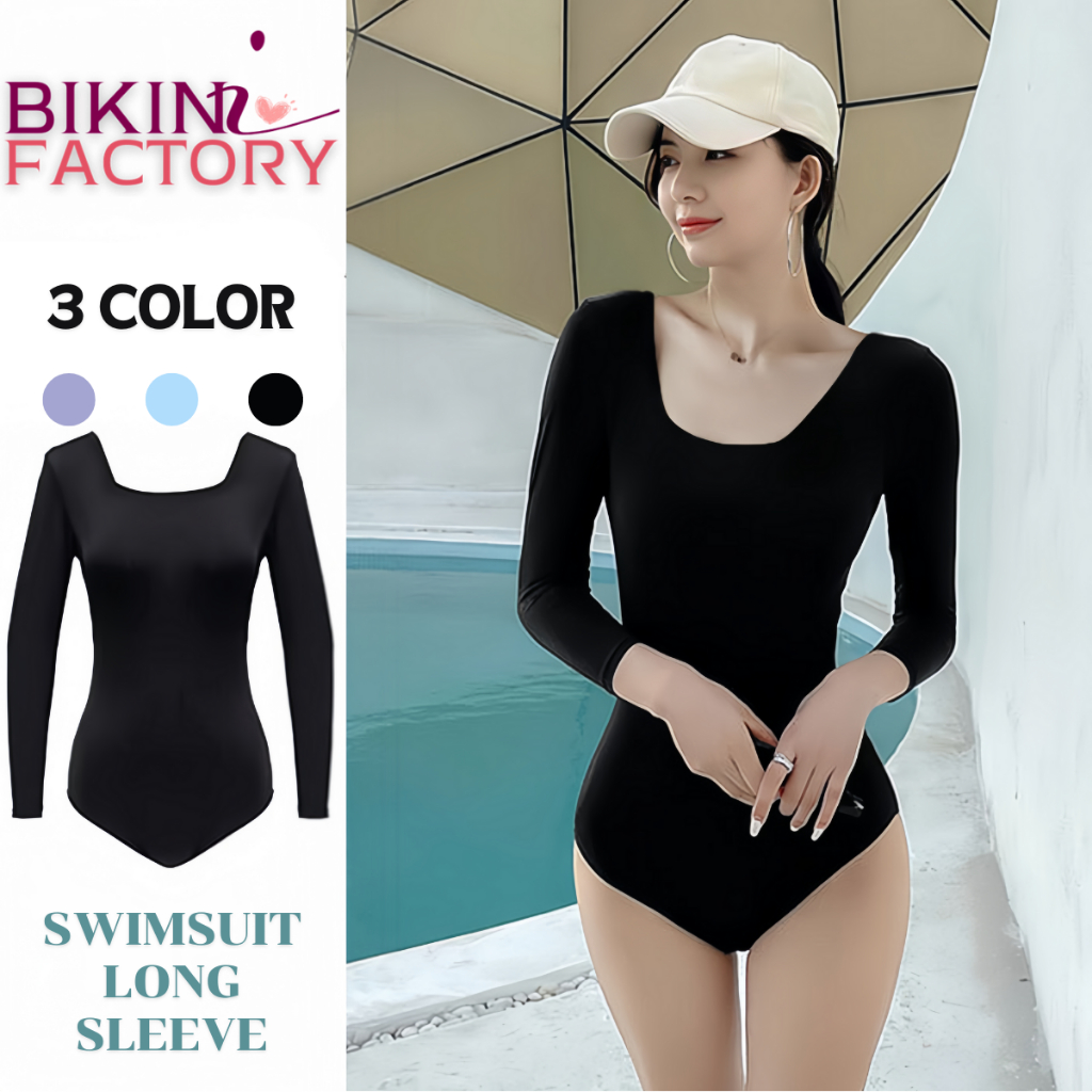 BIKINI FACTORY ชุดว่ายน้ำแฟชั่นผู้หญิง ชุดวันพีชสีพาลเทค ชุดว่ายน้ำบอดี้สูท ชุดว่ายน้ำแขนยาวเว้าหลัง BK-088