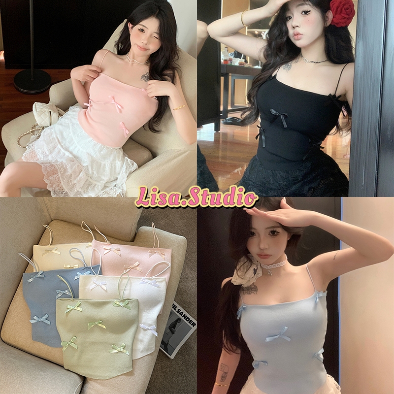 Lisa พร้อมส่ง เสื้อสายเดี่ยวไหมพรมผู้หญิง แถมฟองน้ำด้วย เสื้อครอป ดีเทลติดโบว์น่ารักมากเข้ารูป แมทส์ง่าย สไตล์เวียดนาม