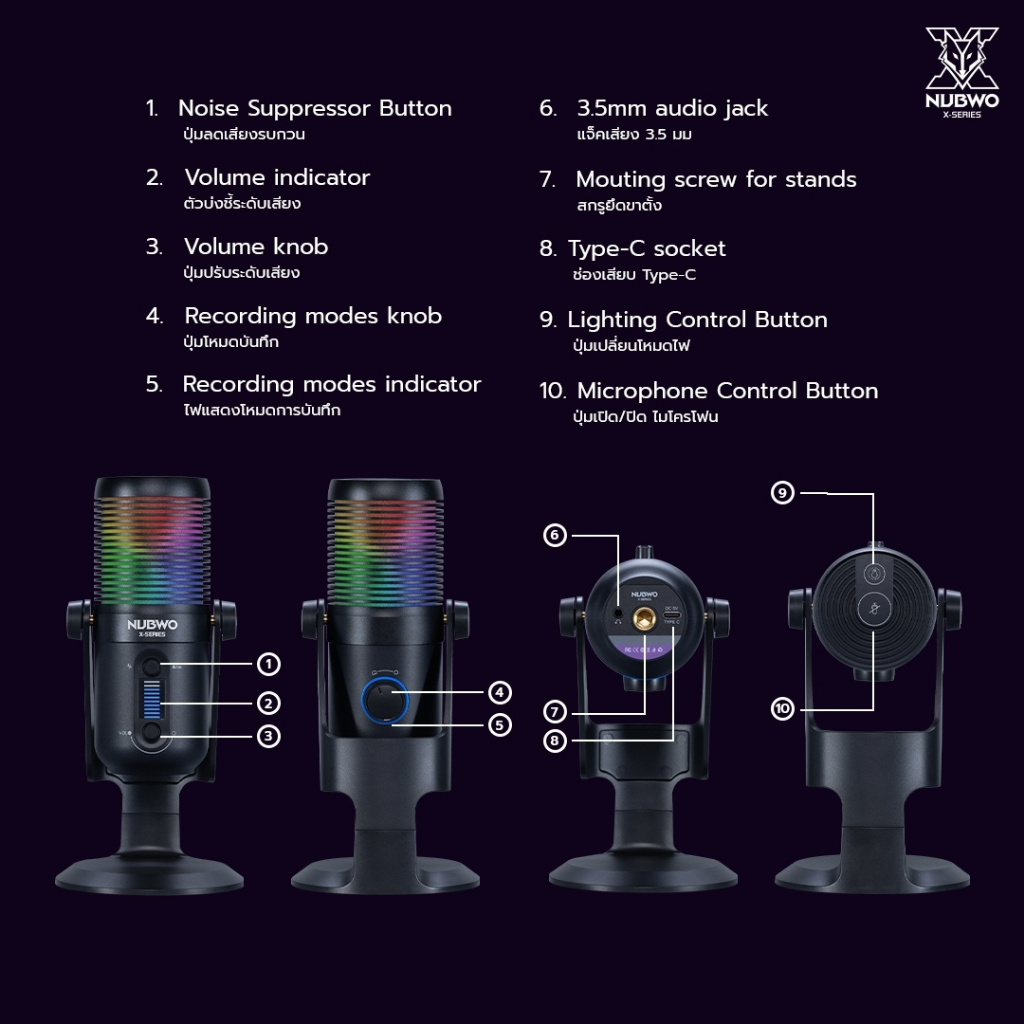 NUBWO ไมโครโฟน  HYPNOSIS  Microphone แคสเกมส์ สำหรับสตรีมมิ่ง ไมค์อัดเสียง มีไฟ RGB รุ่น X600+ สินค้ารับประกัน 2 ปี