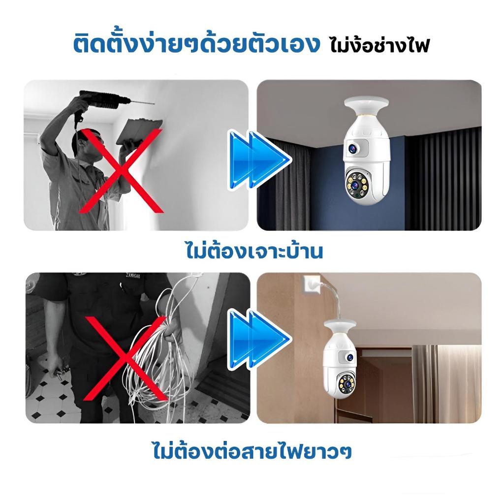 Junanvision กล้องหลอดไฟ 2 เลนส์ หมุ่นได้ทั้งเลนส์บนและเลนส์ล่าง คมชัด 8 MP กล้องวงจรปิดเชื่อมต่อไวไฟ