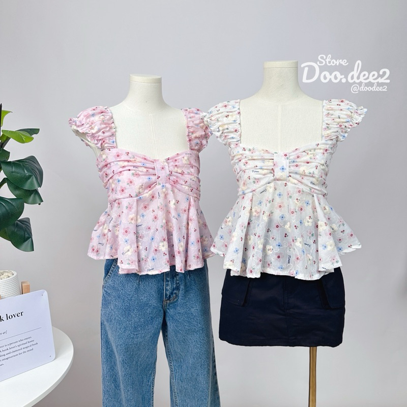 ♦️DOODEE2♦️เสื้อคอเหลี่ยม จับจีบหน้า ปล่อยชายระบาย ผ้าฉลุ