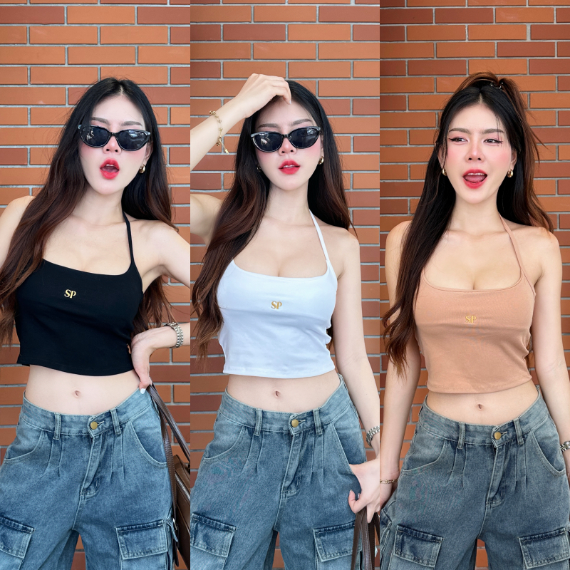 เสื้อครอปคล้องคอ ผ้ายืดยูนิ ปักโลโก้อก 😻 ทรงสวยใส่แล้วพรางหุ่น สาวอวบใส่ได้ พร้อมส่งทุกสี รุ่น คล้องคอปักSP