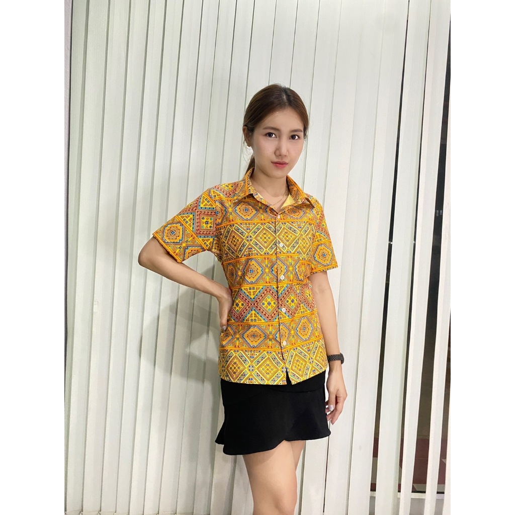 เสื้อเชิ้ตอัดกาวลายไทย "ลายมโนรา" ร้านผ้าไทยบ้านรอดวงษ์ ใส่ราชการ ผ้าไทย ใส่เที่ยว สุภาพ คุณภาพดี
