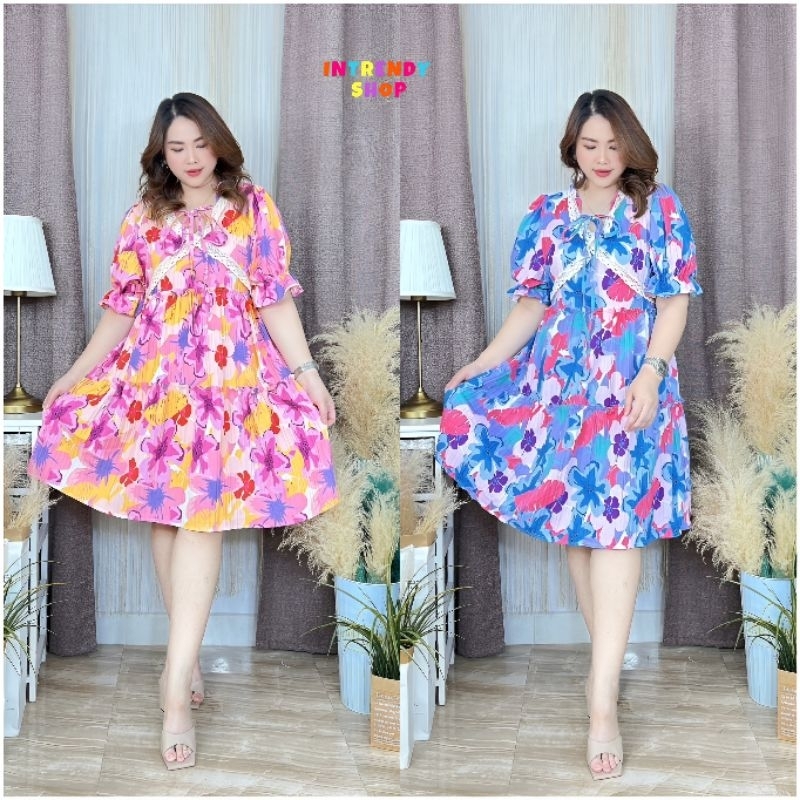 พร้อมส่ง.เดรสแขนตุ๊กตาลายดอกสาวอวบ สวยน่ารัก Free size:32 - 44 นิ้ว.เป็นผ้าฝ้ายไหมลายดอก.