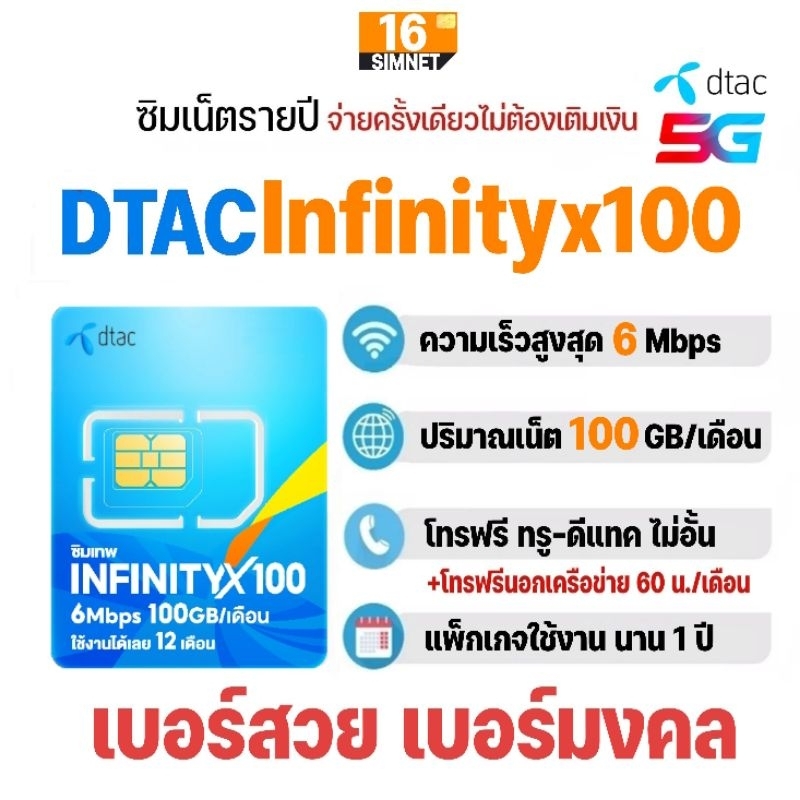 ซิมเทพ​ ดีแทค Infinityx100 เน็ต 6Mbps 100GB/เดือน + โทรฟรีในเครือข่าย ทรู-ดีแทค นาน​ 1​ ปี #เลือกเบอร์สวย​ เบอร์มงคล