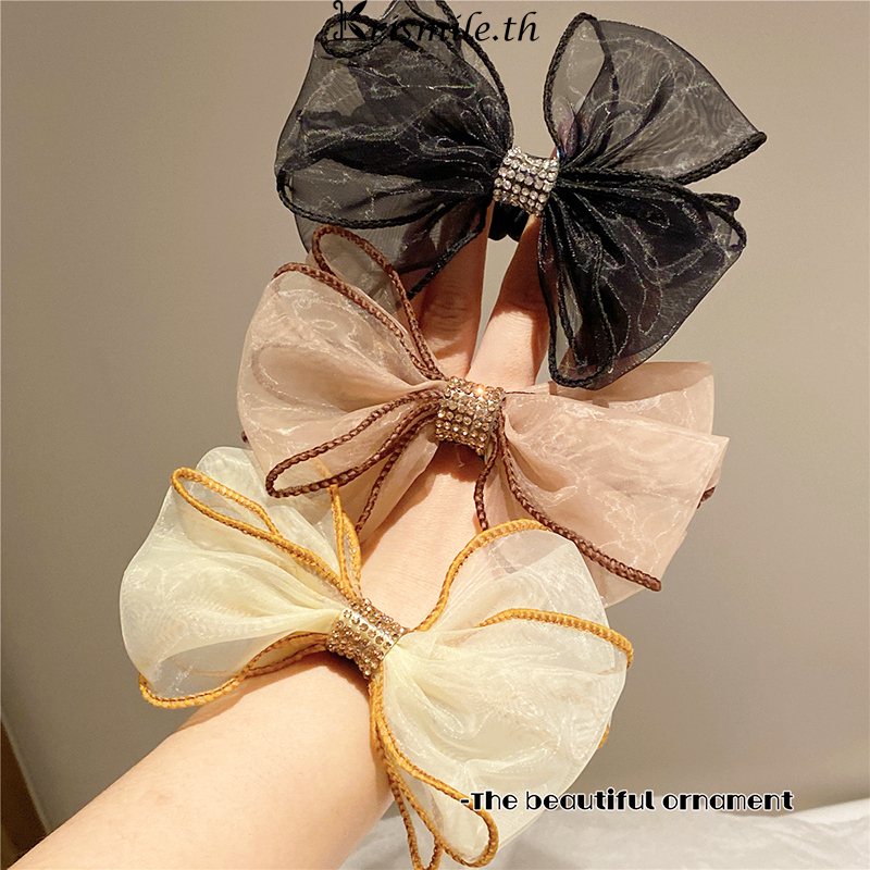 COD-ในไทย💖ยางรัดผม ผ้าตาข่าย ประดับโบว์ ประดับเพชร ย้อนยุค สไตล์เกาหลี สำหรับผู้หญิง ความยืดหยุ่นสูง ไม่ทิ้งรอย-Kri