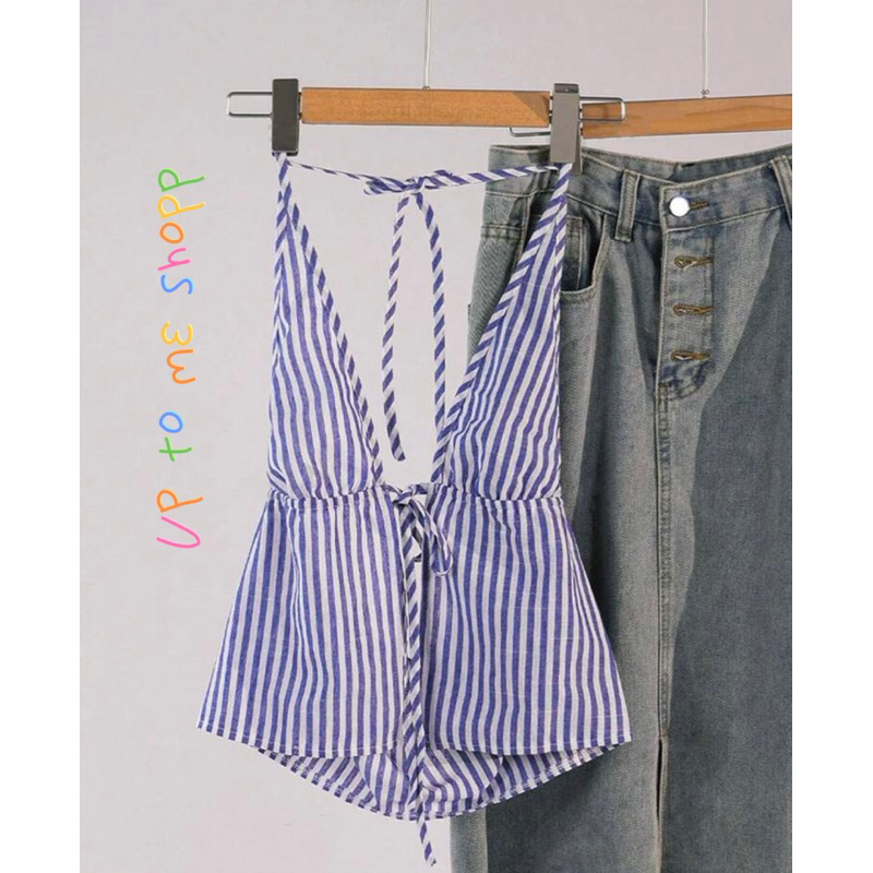 เสื้อสายเดี่ยวลายทาง ทรงหลวม เชือกคล้องคอ เปลือยหลัง ผูกปมด้านหน้า Cami Top สำหรับฤดูร้อน