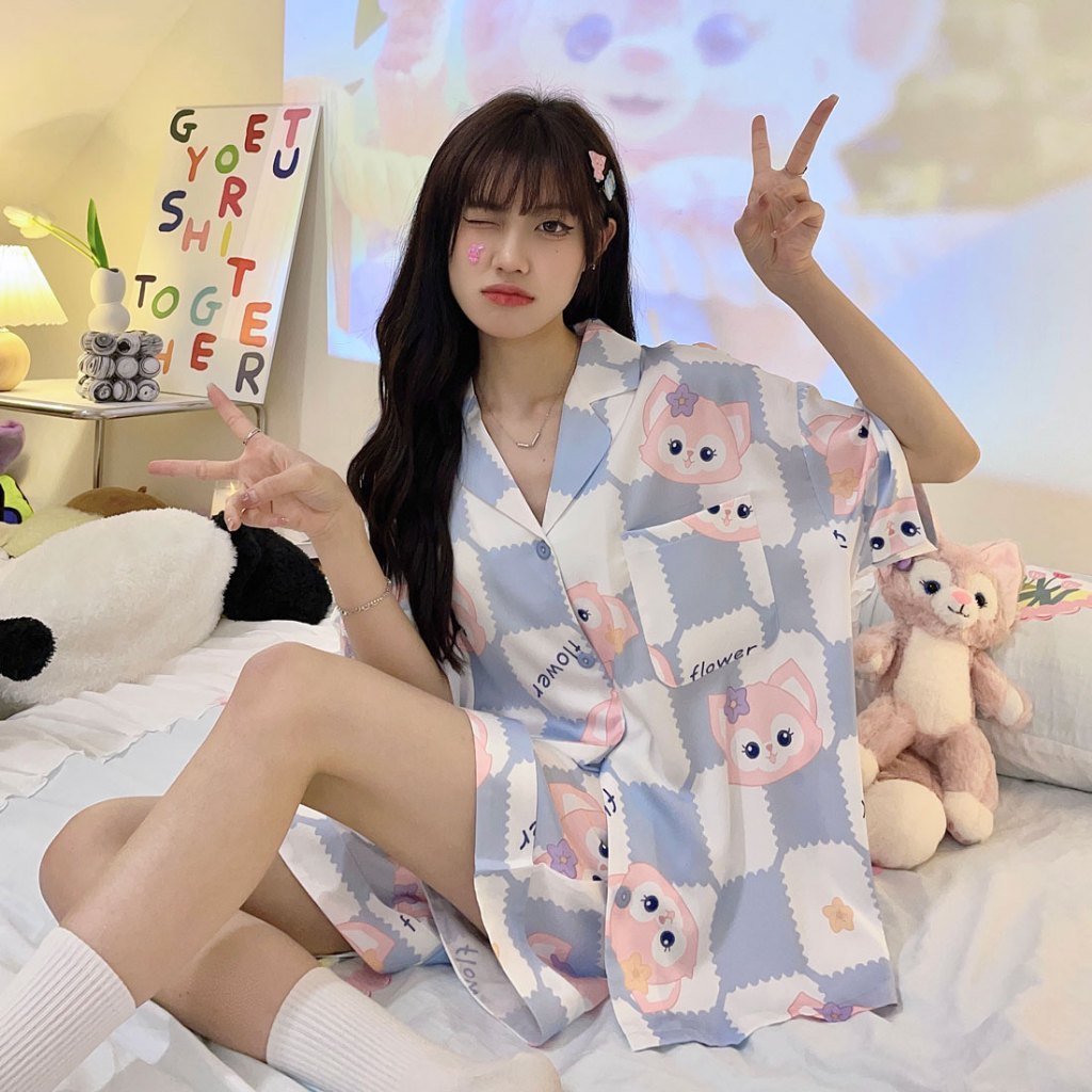 ชุดนอนผู้หญิง ชุดนอน คอปก แขนสั้นขาสั้น ผ้าคอตตอน รอบอก 52-54 นิ้ว EK พร้อมจัดส่งค่ะ