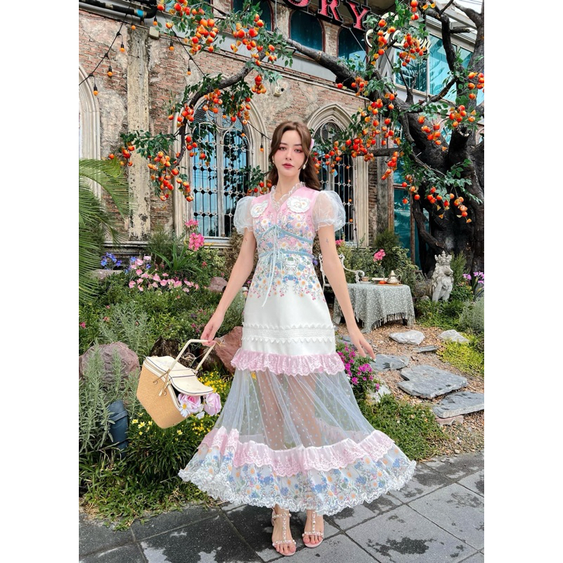 New มือ1💥พร้อมส่ง💥(Size:S) BLT BLAND เดรสยาวเเต่งระบายชีฟอง