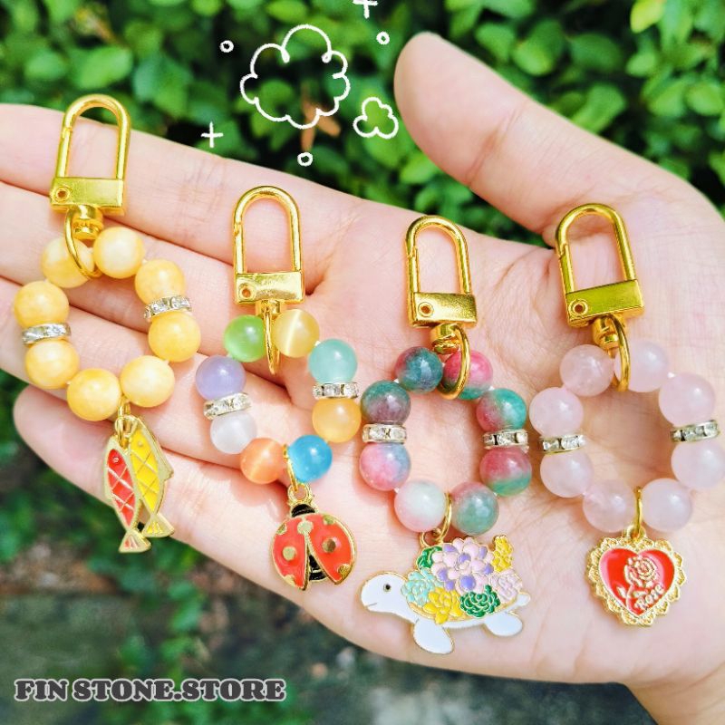 พวงกุญแจหิน หินนำโชค หินมงคลแท้ 100% ขนาด 8มิล มาพร้อมชาร์มมงคลสุดน่ารัก เสริมความรัก ความงานปัง โชคลาภ ปกป้องคุ้มครอง - รูปที่ 2