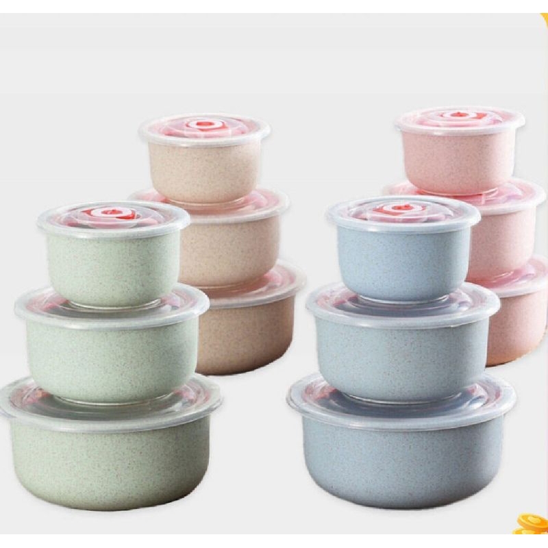กล่องเก็บอาหารอเนกประสงค์ พร้อมฝา set 3 ชิ้น ถ้วยฟางข้าวสาลี มี 3 สี