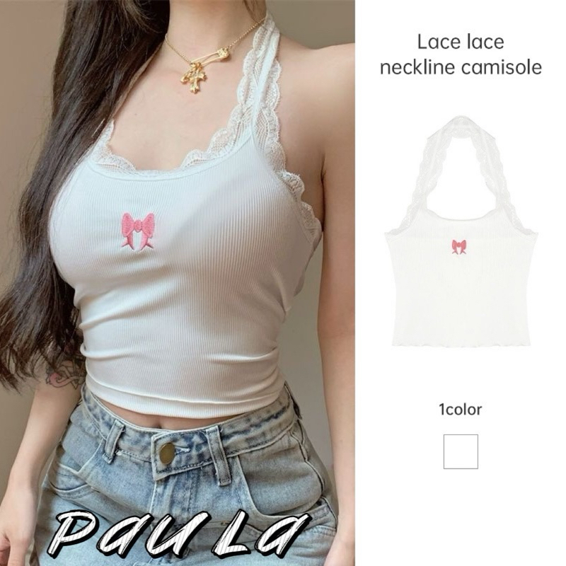 Paula พร้อมส่ง เสื้อสายเดี่ยวแฟชั่นผู้หญิง เสื้อคล้องคอ แขนกุด เสื้อลูกไม้ แต่งโบว์ เซ็กซี่เบาๆ สไตล์เกาหลี ชุดไปทะเล