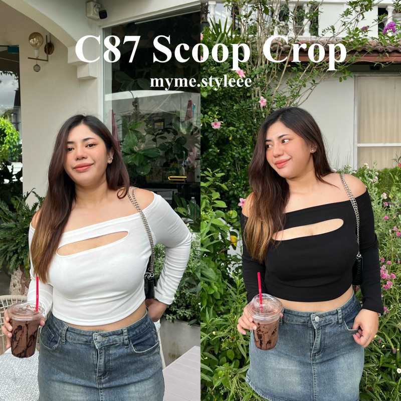 *พร้อมส่ง C87 Scoop Crop ปาดไหล่แหวกอกสาวอวบ - myme.styleee