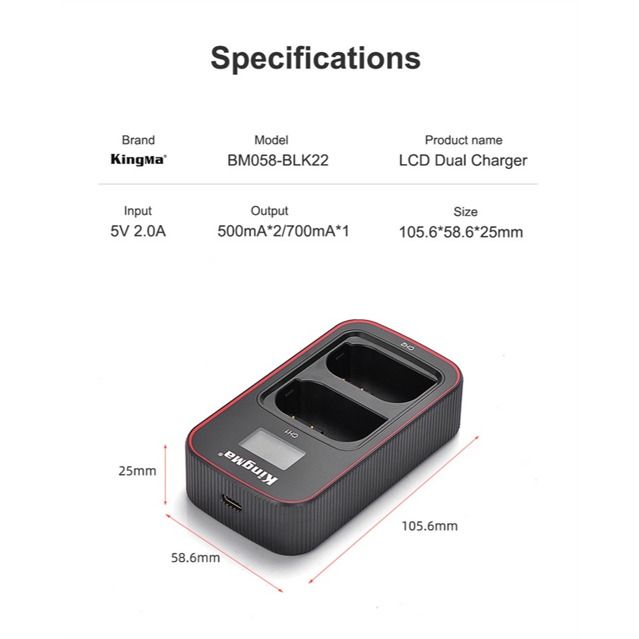 แบตเตอรี่ Kingma Panasonic BLK22 + แท่นชาร์จ Panasonic G9II S5 S5II S5IIX GH6 (รับประกัน1ปี)