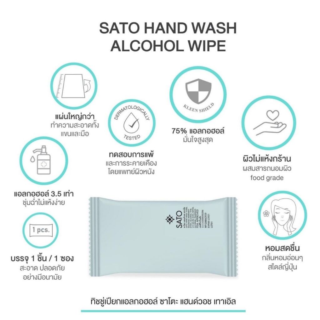 SATO Hand Wash Towel (Alcohol Wipe) 50 ชิ้น ANTI HARMFUL GERM ลดการสะสมของเชื้อโรค ราคา ถูกที่สุด ดีลบีเคเค แกลเลอรีภาพที่ 6