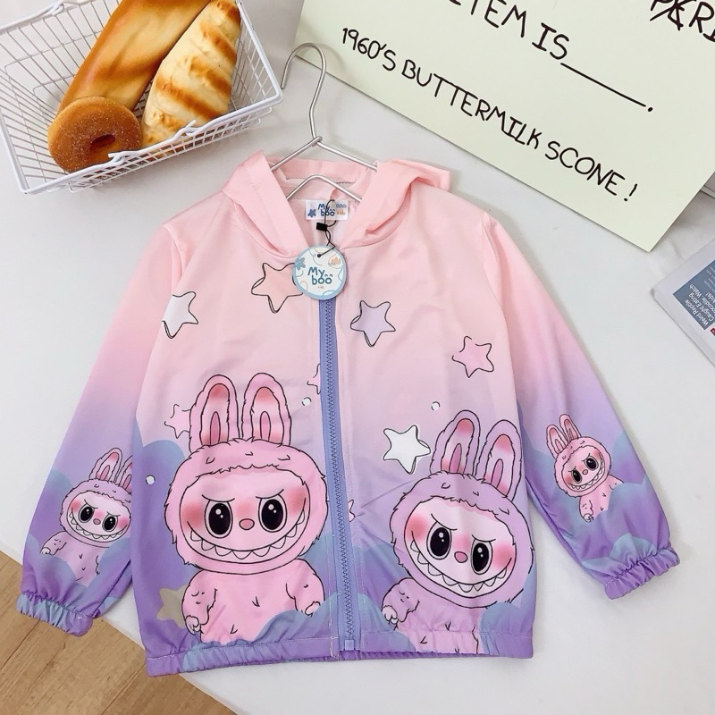 เสื้อคลุมแขนยาวเด็กสีทูโทนชมพูม่วงมีหมวกฮู้ด แบบซิปหน้า