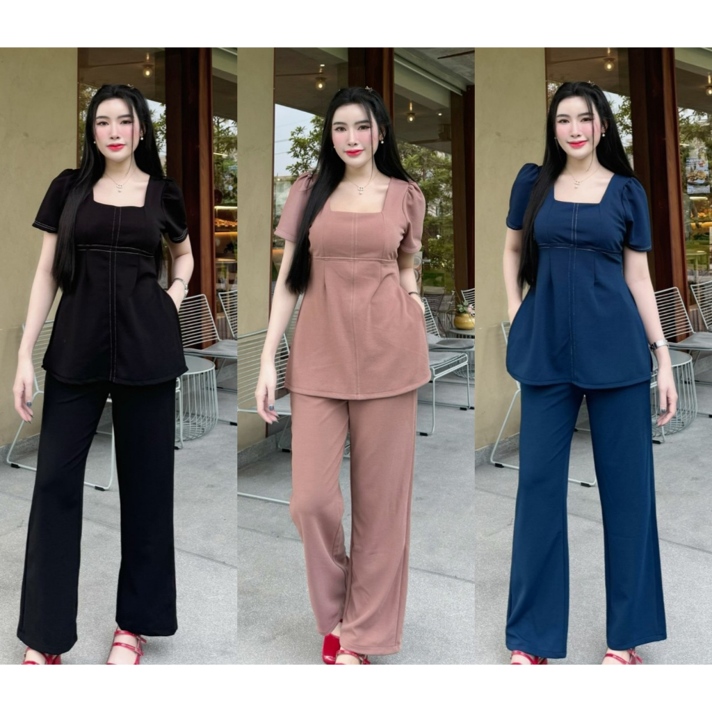 พร้อมส่ง ชุดเซตผ้าวูลเวฟ เสื้อทรงยาวคอเหลี่ยมผ่าข้าง+กางเกงเอวเรียบมีกระเป๋า A4609