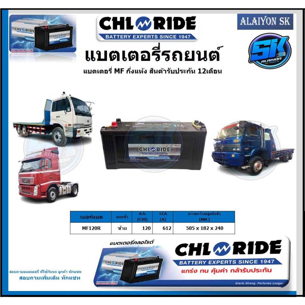 แบตเตอรี่รถยนต์ MF ขนาด MF120R ยี่ห้อ Chloride สินค้ารับประกัน12เดือน ไม่ต้องดูแลน้ำกลั่นตลอดอายุการ