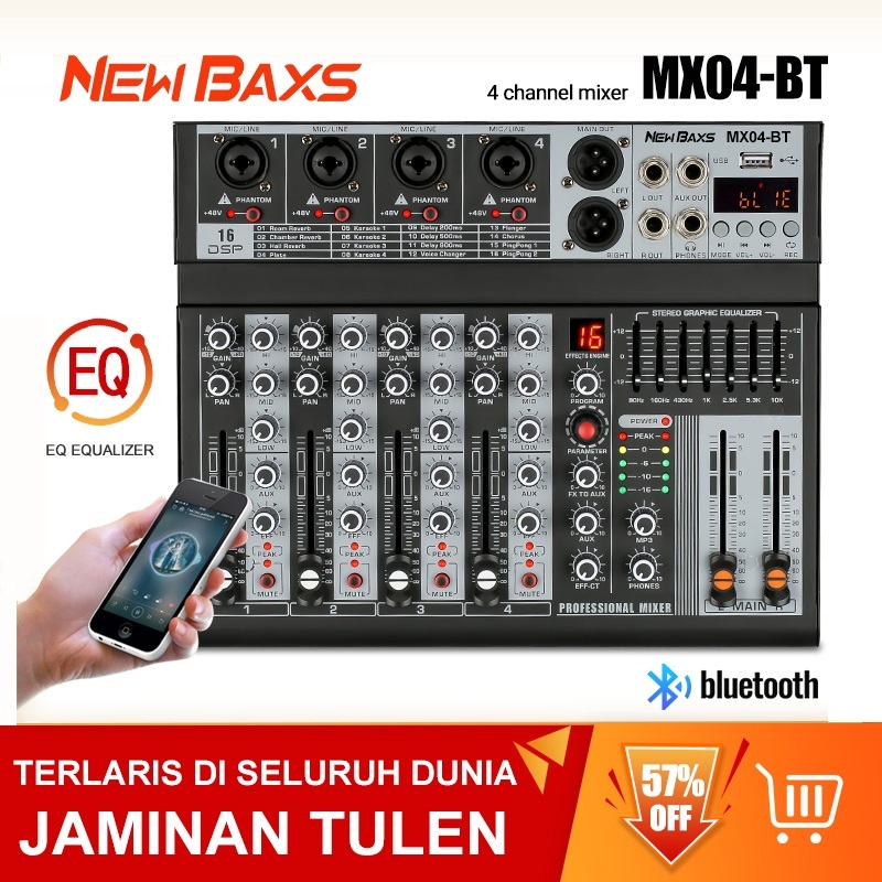 NEW BAXS มิกเซอร์มืออาชีพ 4 ช่อง MX04BT Equalizer EQ Effector 99DSP สัญญาณ USB Bluetooth/MP3 เครื่องขยายเสียง